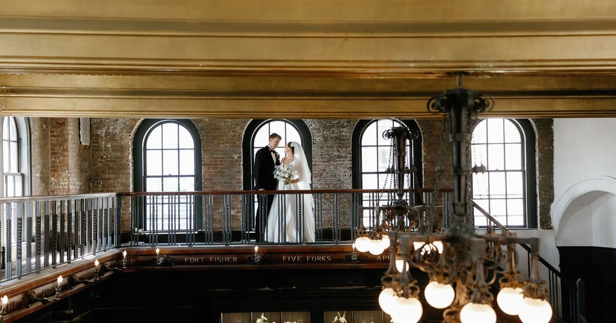 The main hall at The Tower in Boston, from the balcony under the chandeliers
