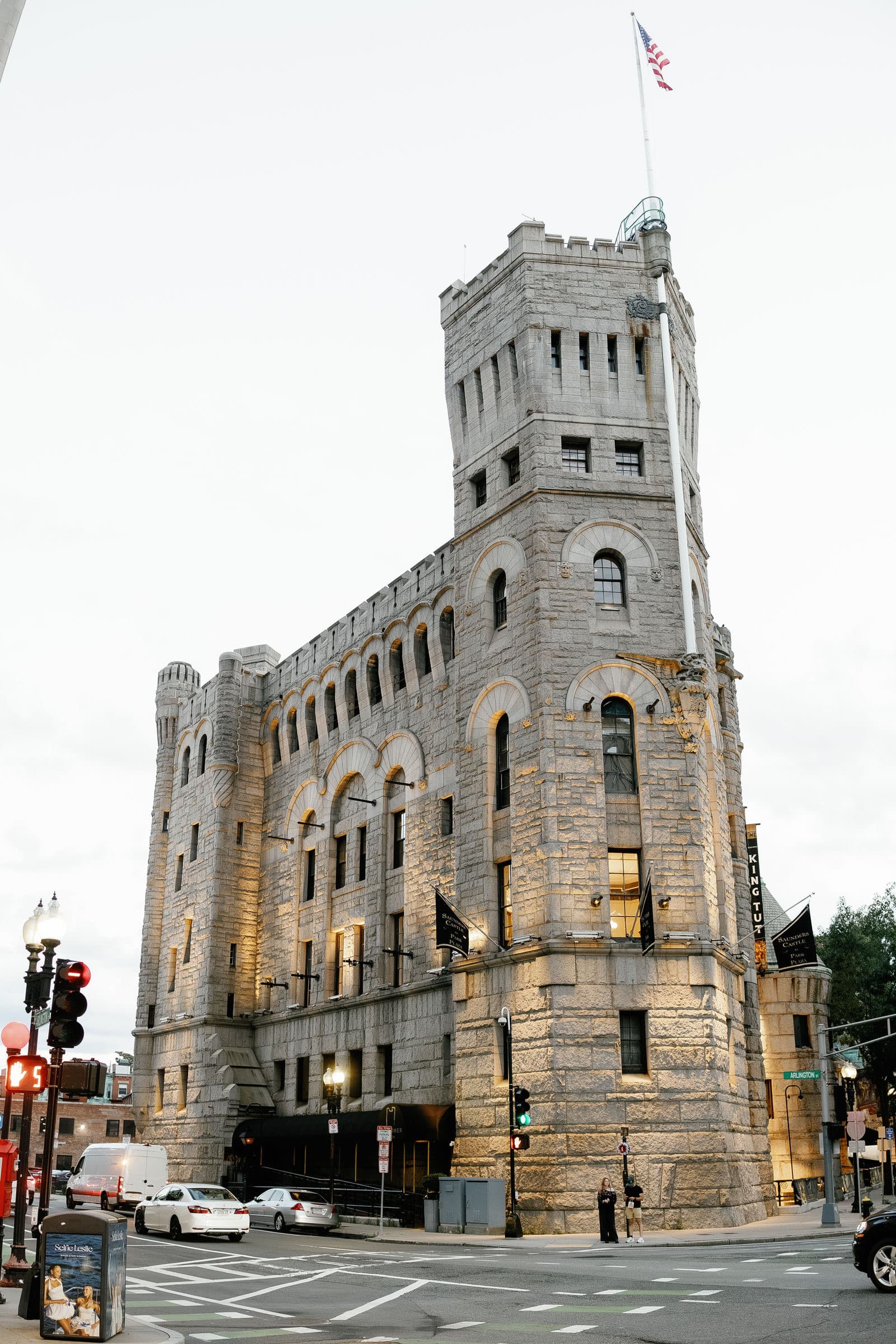 The stone tower of The Tower in Boston, an 1887 armory, against the sky